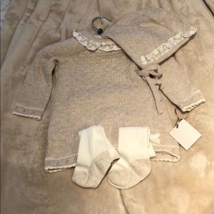 Cream knitted dress with stockings &matching hat!